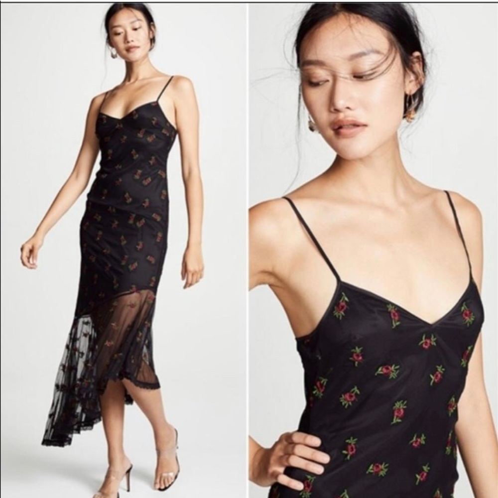 Likely Black Kareena Floral Embroidered Mesh Ruffle Midi Cocktail Dress